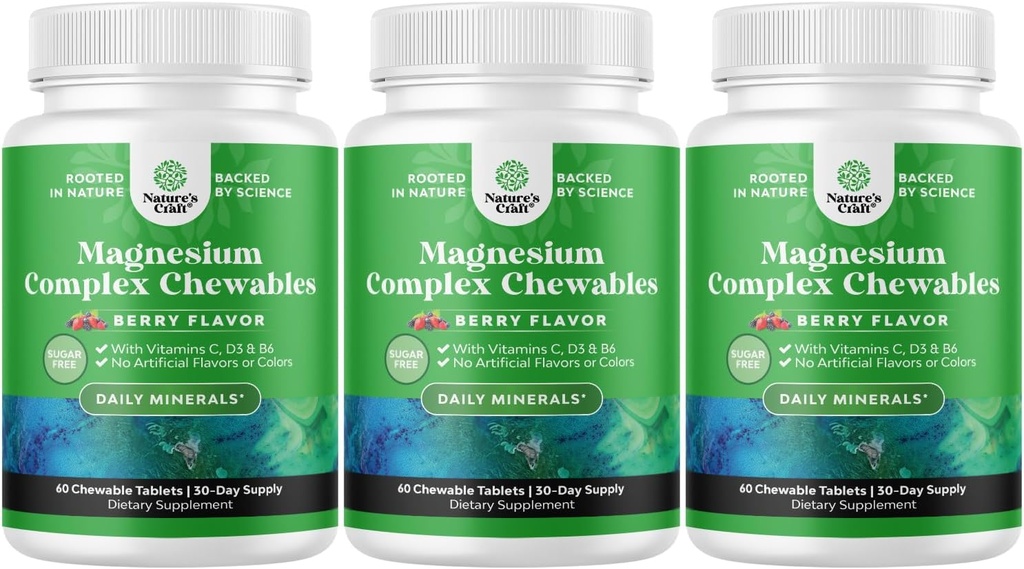 Sugar Free Magnesium Glycinate Chewable - Chewable Magnesium for Adults & Kids with Glycinate Taurate & Citrate Complex Plus Vitamins D3 B6 & C - Vegetarian Non-GMO & No Artificial Flavors (90 Day)