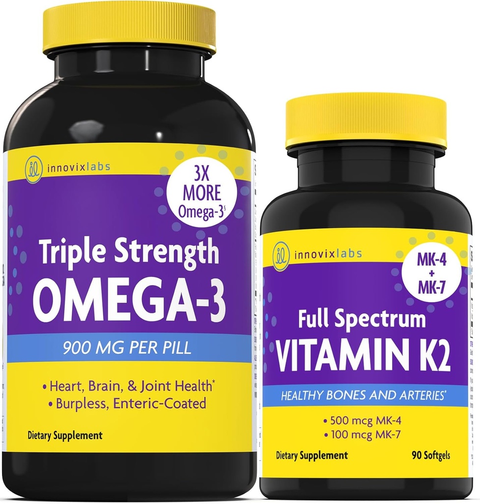 InnovixLabs Vitamin K2 & Triple Omega Bundle Full Spectrum Vitamin K2 (90 Softgels) Triple Strength Omega-3 Fish Oil (200 Softgels). Supports Healthy Bones, Arteries and Joints. *