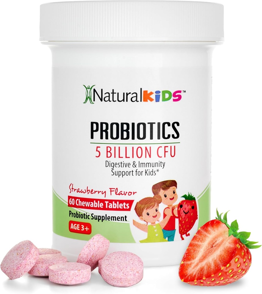 Probiotics for Kids Digestive Health, Immune Support & Kids Gut Health Supplements with 5 Billion CFU for Children Age 3 Up - Strawberry Flavor 60 Chewable Probiotic Tablets