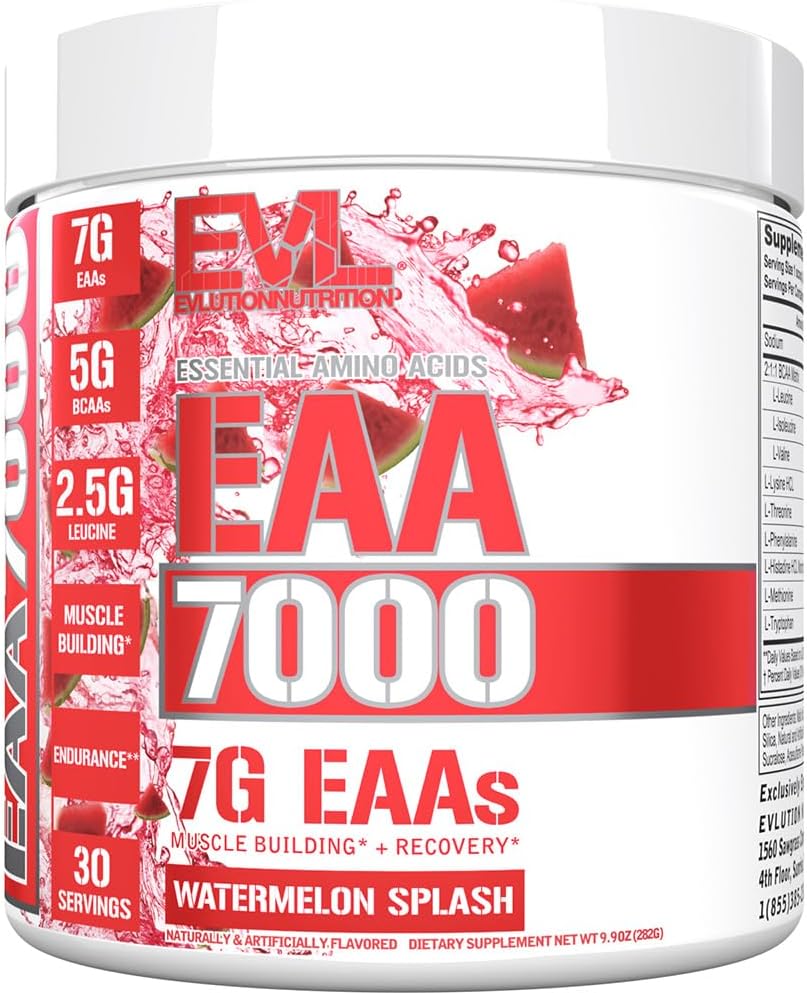 Evlution Nutrition EAA7000 - Pre & Post Workout Powder - Muscle Building + Recovery Supplement - 7g Essential Amino Acids + 5g BCAAs - Endurance + Energy Support - 30 Servings - Watermelon Splash