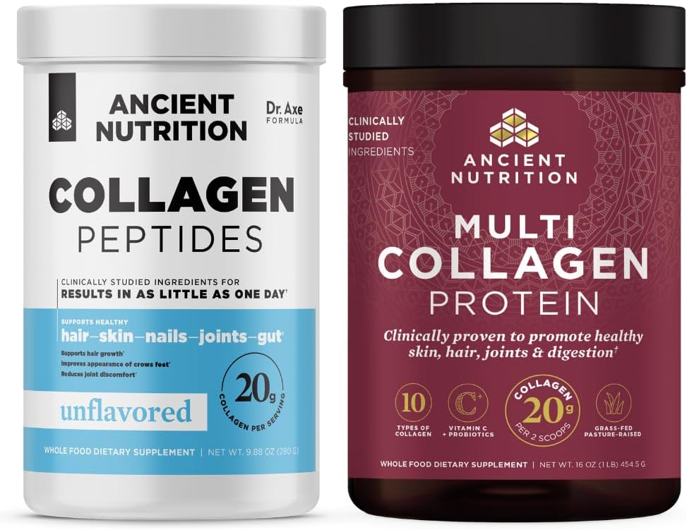 Ancient Nutrition Collagen Peptides Powder, Unflavored, 14 Servings + Multi Colalgen Protein Powder, Unflavored, 45 Servings