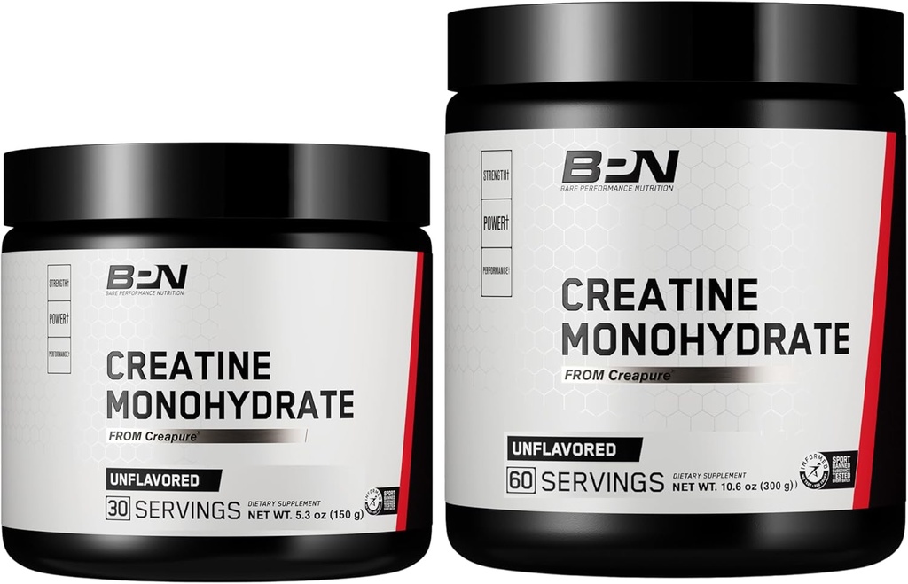 BARE PERFORMANCE NUTRITION, BPN Pure Creatine Monohydrate Powder by Creapure 2PACK, 5g of Creatine per Serving, Unflavored Creatine Powder, 90 Servings Total