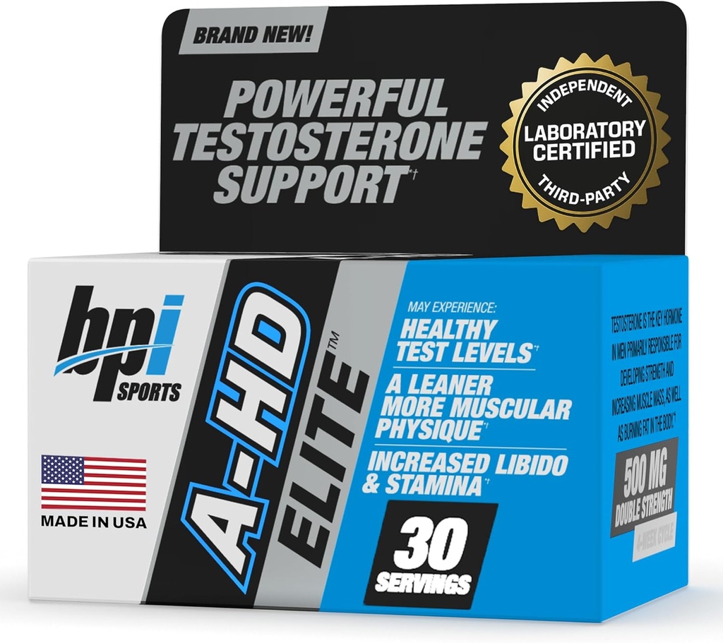 BPI Sports A-HD Elite – Men’s Powerful Testosterone Booster for Stamina, Strength, Sexual Support – Supports Muscle, Libido & Metabolism – Natural Testosterone Supplement – 30 Servings – 500mg