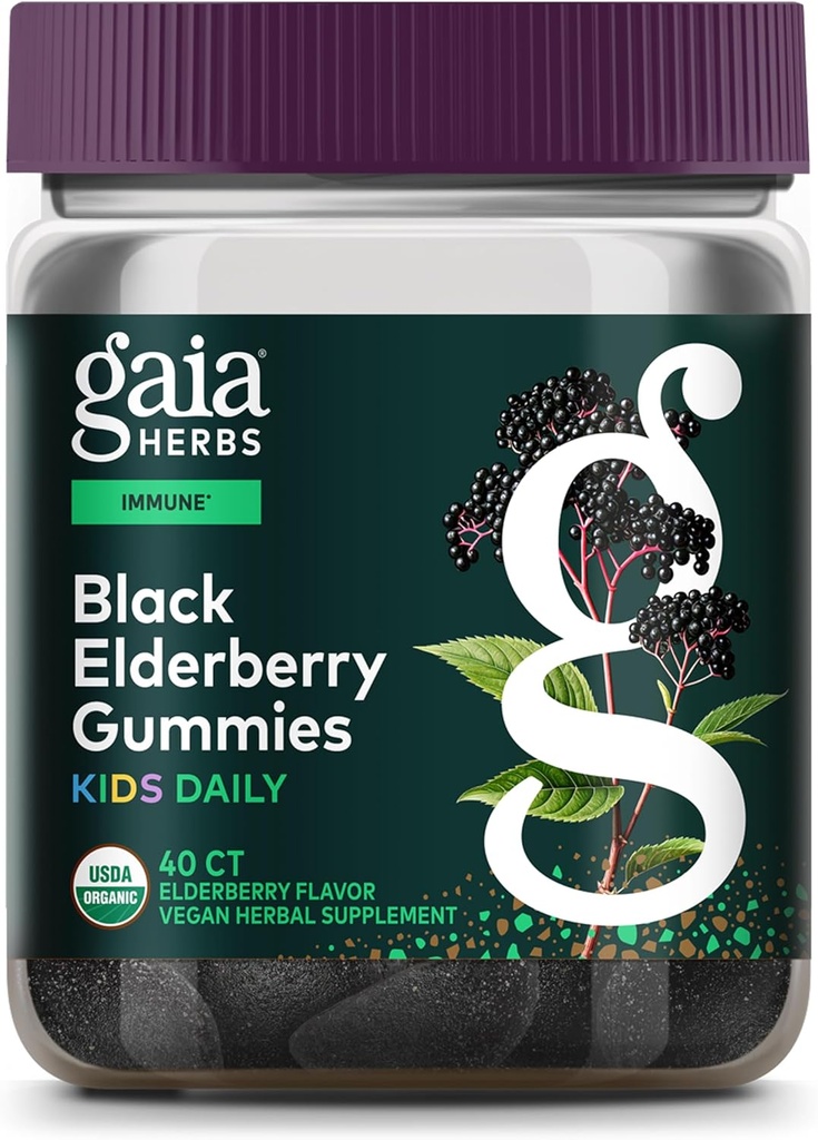 Gaia Herbs GaiaKids Black Elderberry Daily Gummies for Kids - Delicious Immune Support Supplement - Certified Organic Black Elderberries for Immune System Support - 40 Gummies (40-Day Supply)