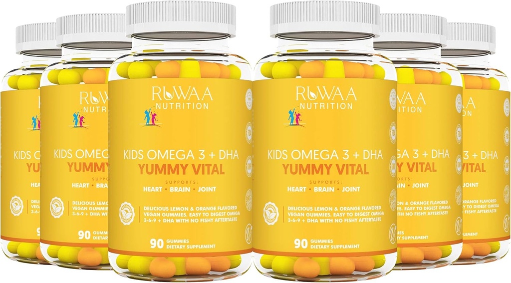 RUWAA NUTRITION Kids Omega 3 Gummies DHA EPA Omega 3 Supplement Kids. No Fish Oil After-Taste Vegan Omega 3 6 9 + DHA Gummies & Vitamin C. Cognitive Health, Focus, Vision. Children Omega 3 540ct (6)