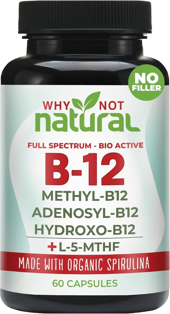 Why Not Natural Vitamin B12 5000 mcg Supplement with Methylcobalamin, Adenosylcobalamin and Hydroxy B12 Complex with Methylfolate 1000 mcg, L-5-MTHF, Made with Organic Spirulina