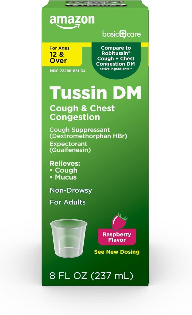 Amazon Basic Care Tussin Cough Plus Chest Congestion DM Syrup, Raspberry Flavor, 8 fl oz (Pack of 1)