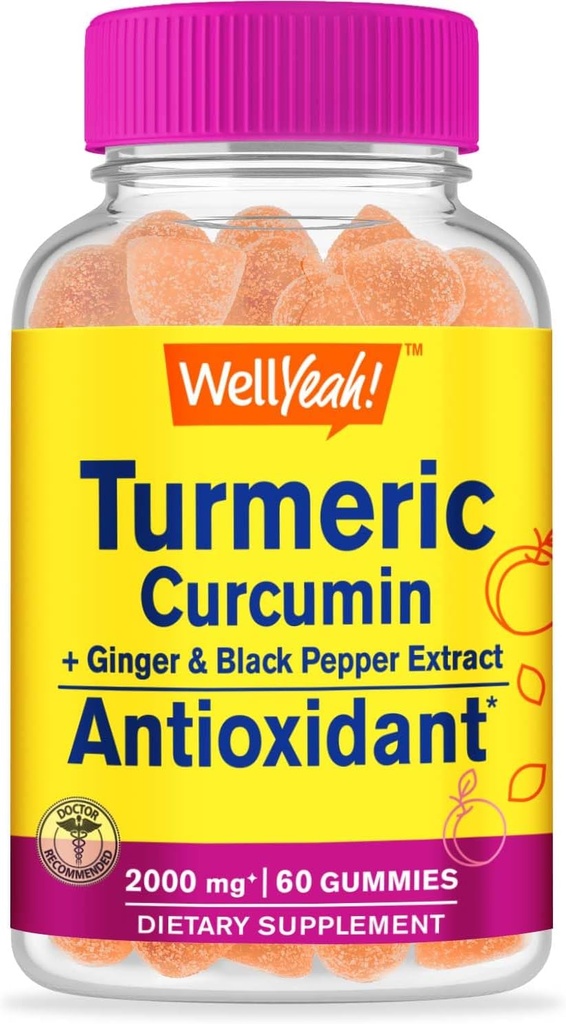 WellYeah Turmeric Curcumin Gummies with Black Pepper - Antioxidant and Digestive Support - Skin Health, and Immune Function - Vegan, Non-GMO - 60 Count