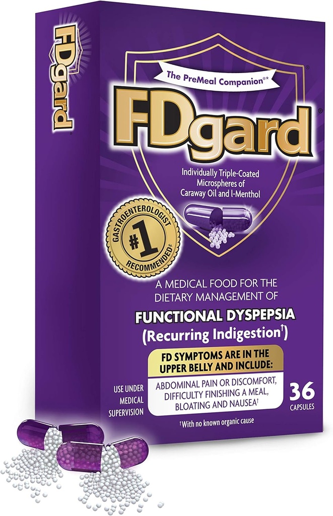 FDgard® for Functional Dyspepsia (Recurring Indigestion) Symptoms Including, Abdominal Discomfort, Difficulty Finishing a Meal, Bloating, Nausea, 36 Capsules