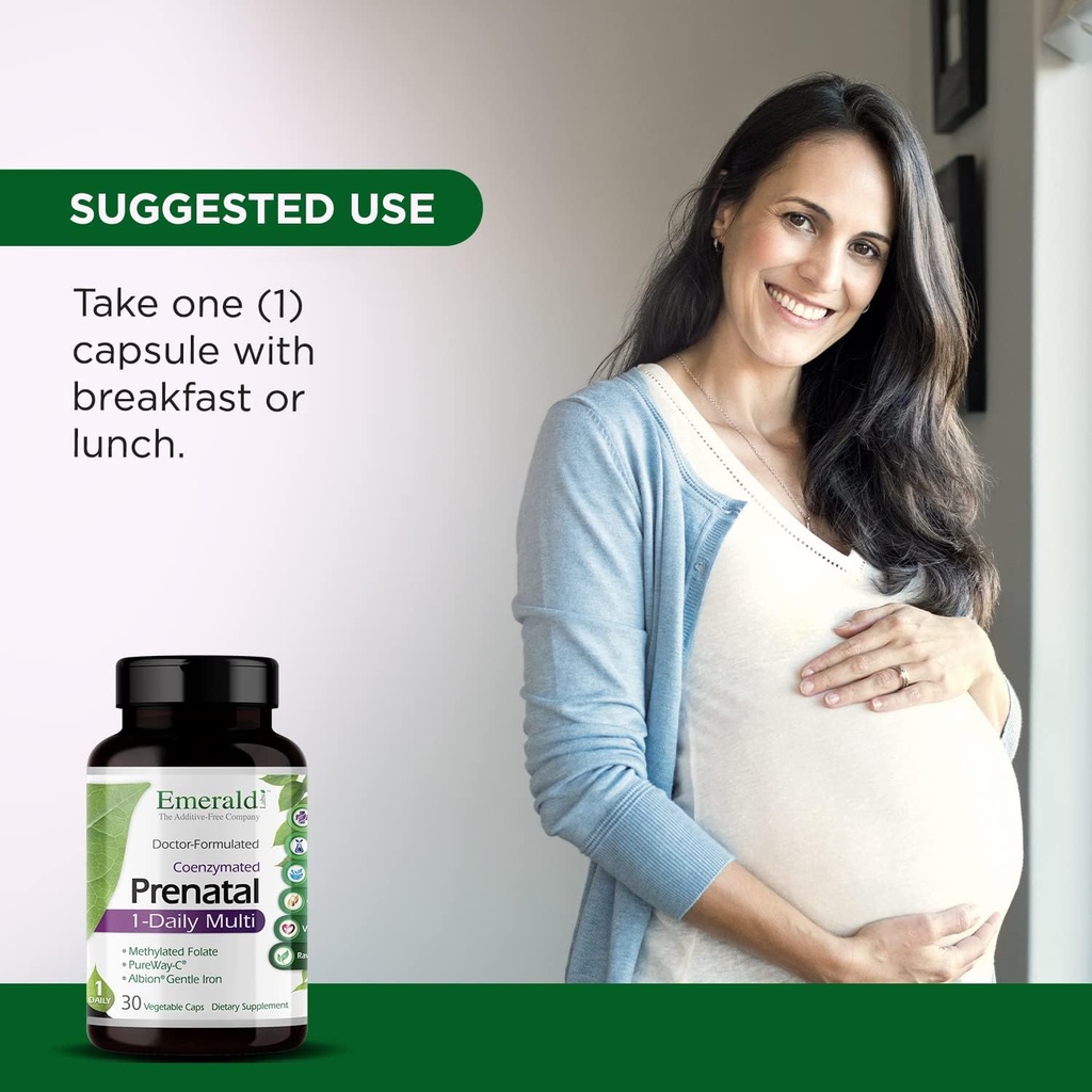 EMERALD LABS Prenatal 1-Daily Multi - Prenatal Multivitamin with Methylated Folate, Iron, Whole-Food Blend & More - Soy-Free, Gluten-Free - 60 Vegetable Capsules