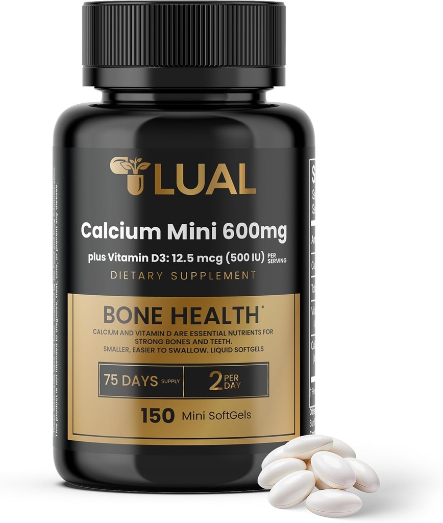 LUAL Calcium Minis 600 mg with Vitamin D3 - Bone & Muscle Support - 150 Mini Softgels - Easy to Swallow - Calcium & D3 for Strong Bones & Mobility