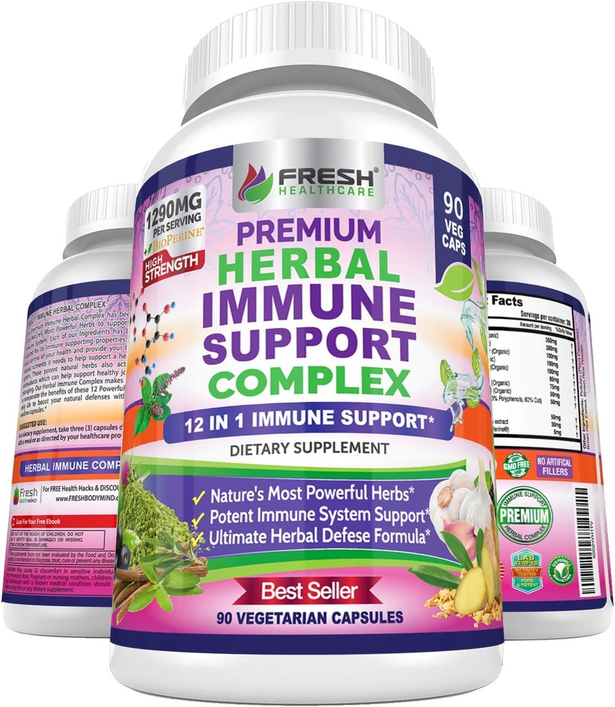 Immune Support Herbal Supplement - 12 in 1 Daily Immune Defense Booster - Garlic, Ginger, Elderberry, Holy Basil, Green Tea Extract, Milk Thistle, Mushroom & Panax Ginseng - 90 Vegan Capsules Pills