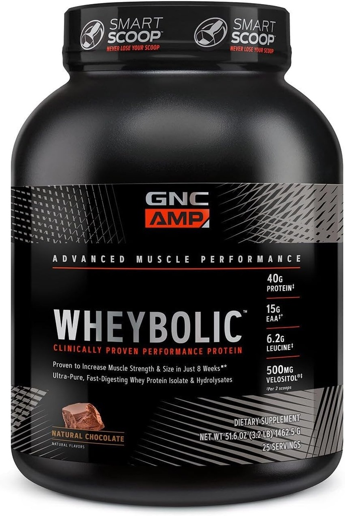 GNC AMP Wheybolic Clinically Proven Protein Powder, 40g Whey Protein, BCAA, Leucine, Increases Muscle Strength, Muscle Building, 3rd Party Tested, Gluten Free, Natural Chocolate, 25 Servings