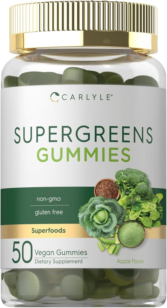 Carlyle Supergreens Gummies | 50 Count | Apple Flavor | with Wheat Grass, Spirulina, Spinach, Zinc, Vitamin A, C, D & B | Vegan, Non-GMO and Gluten Free Supplement