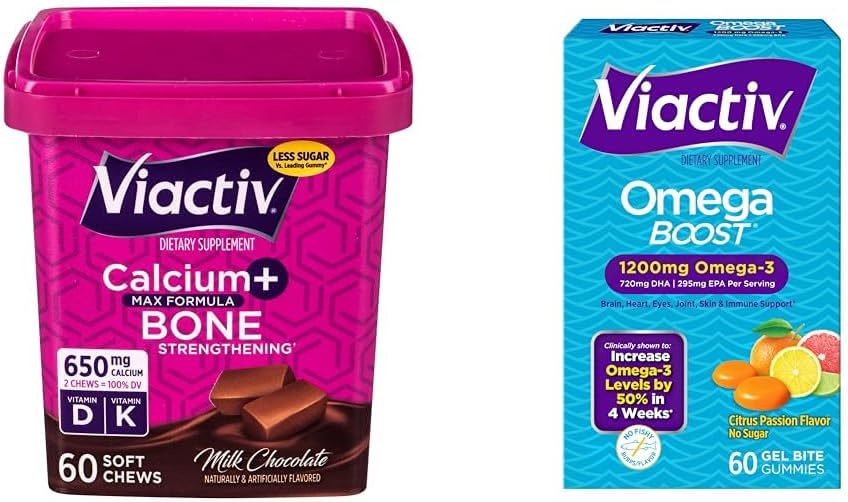 Viactiv Calcium Soft Chews, Milk Chocolate, 60 Count + Omega Boost Supplement, 1200 mg Omega-3s, 60 Chewable Gel Bite Gummies