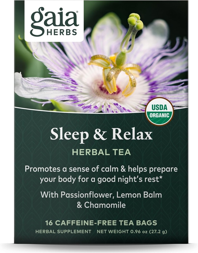 Gaia Herbs Sleep & Relax Herbal Tea - Supportive Sleep Aid for a Natural Calm to Prepare for a Good Night’s Rest* - With Passionflower, Chamomile & Lemon Balm - 16 Caffeine-Free Tea Bags