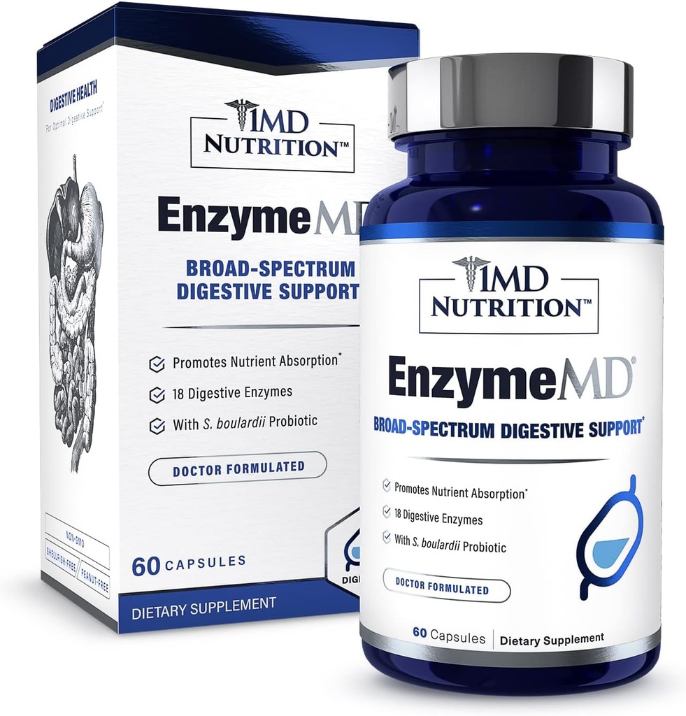 1MD Nutrition EnzymeMD - Digestive Enzymes Supplement - Doctor Formulated | 18 Plant-Based Enzymes - Gas & Bloating Support | 60 Capsules