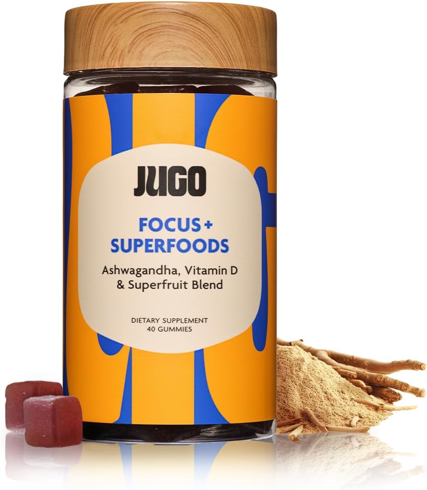 JUGO Focus + SUPERFOODS | Ashwagandha Gummies with Vitamin D3 & Superfruit Blend | 40 Count Plant - Based Adaptogen Gummies | Gelatin-Free, Non-GMO, Made in USA