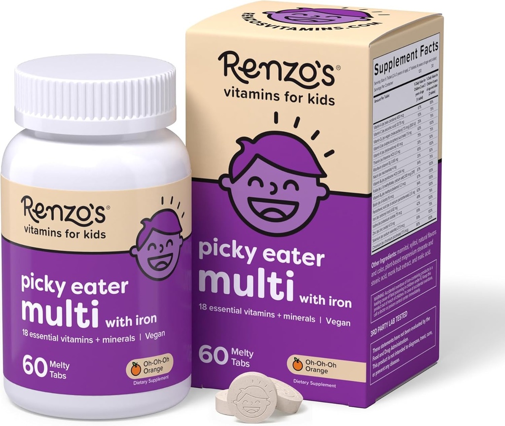Renzo's Picky Eater Kids Multivitamin with Iron, Dissolving Kids Vitamins with Vitamin D3 and K2 and More, 60 Sugar-Free Melty Tabs, Oh-Oh-Oh Orange Flavor
