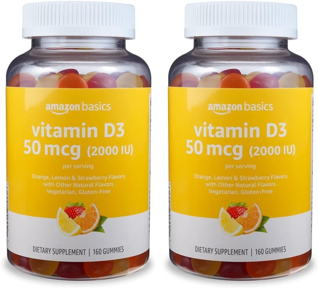 Amazon Basics Vitamin D3 2000 IU Gummies, Orange, Lemon & Strawberry, 160 Count (2 per Serving) (Previously Solimo) (Pack of 2)