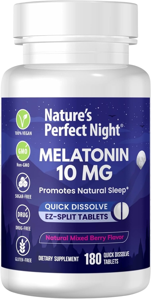 Nature's Perfect Night | Melatonin 10mg | 180 Quick Dissolve Tablets | Natural Mixed Berry Flavor |High Potency | Sugar Free | Vegan | Gluten Free | Value Size