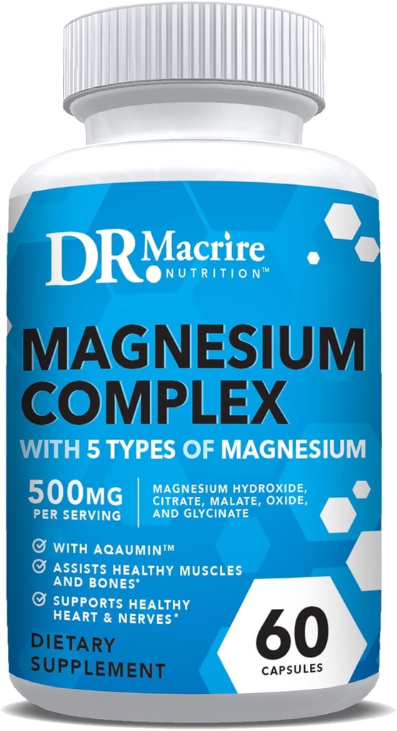 Magnesium Complex Supplement 500mg. Citrate, Glycinate, Malate, Hydroxide, and Oxide, Five Different Forms of Magnesium for Bones, Muscle, and Energy Support, 60 Capsules