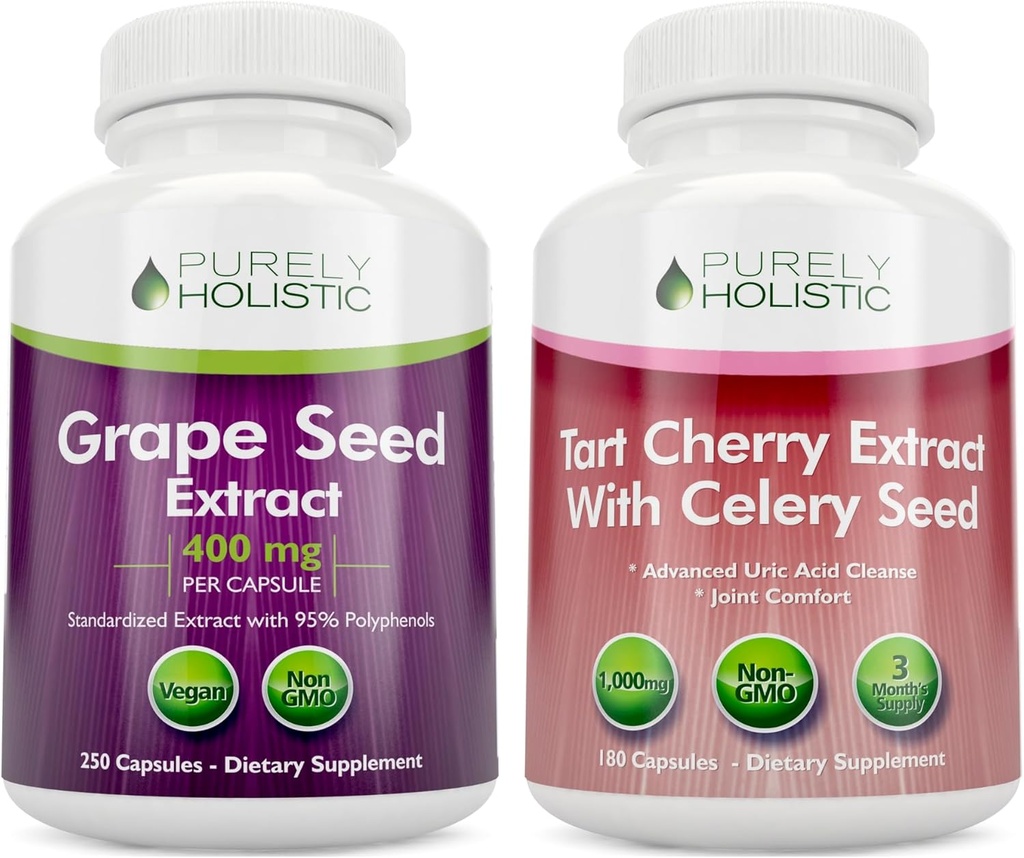 Purely Holistic Grape Seed Extract 400mg + Tart Cherry Extract and Celery Seed Bundle - 430 Vegan Capsules - Made in USA