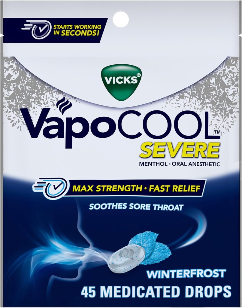 Vicks VapoCool Severe Medicated Sore Throat Drops, Max Strength Menthol, Soothes Sore Throat Pain, Winterfrost Flavor, 45ct