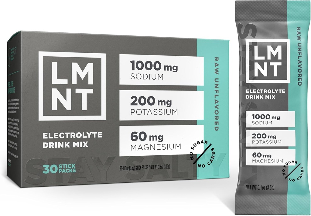 LMNT Zero Sugar Electrolytes - Raw Unflavored Salt | Drink Mix | 30-Count