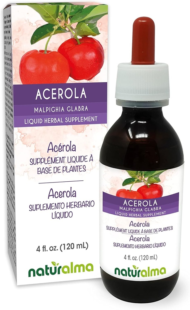 Naturalma Acerola (Malpighia glabra) Fruit Alcohol-Free Tincture - Rich in Vitamin C - 4 fl oz Liquid Extract in Drops - Herbal Supplement - Vegan
