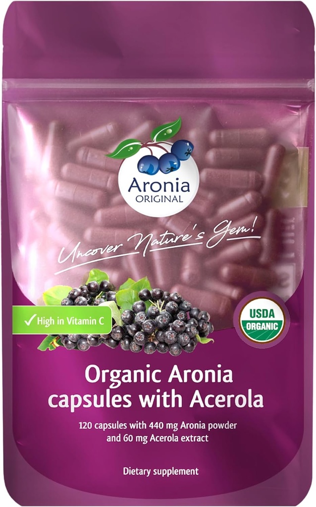 Aronia Berry Capsules Organic (60 Servings) | with 10:1 Aronia Berry Powder & 120 mg Acerola Cherry Extract per Serving | High in Vitamin C & Antioxidants | Black Chokeberry Supplement
