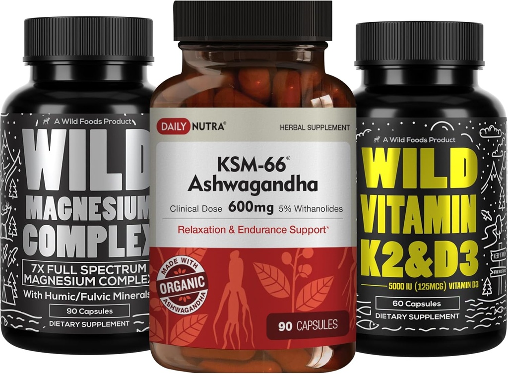 DailyNutra KSM 66 Ashwagandha (90 Capsules) Ashwagandha (90 Capsules), Magnesium Complex (90 Capsules), and Vitamin D3K2 (60 Capsules) Bundle for Wellness