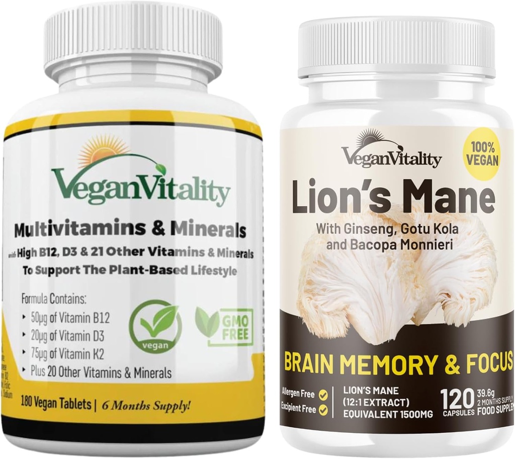 Vegan Vitality Lion's Mane x General Health Combo Bundle - 6 Months Lion's Mane and Multivitamins