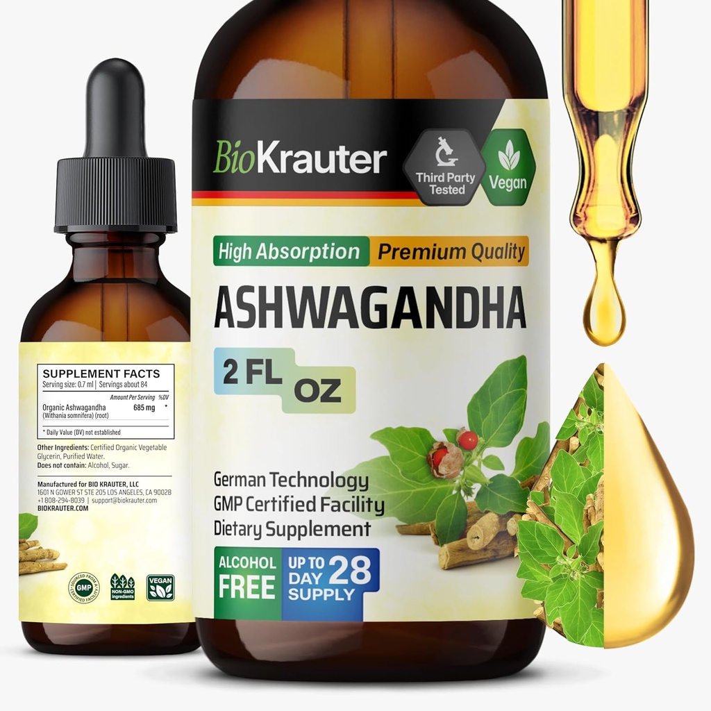 BIO KRAUTER Ashwagandha Drops - Ashwagandha Supplements for Calmness - Withania Somnifera Liquid Extract - Vegan Mood Support - 2 Fl.Oz.