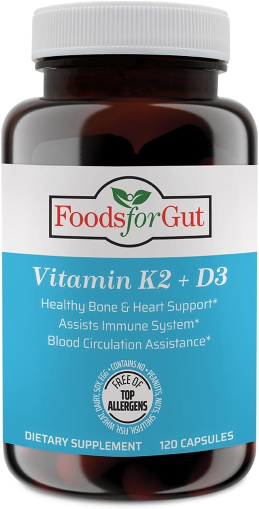 Foods For Gut Vitamin K2 (MK7) D3 & BioPerine® Black Pepper Extract | 120 Capsules | Free of Top Allergens | Bone Health | Mood & Energy Support |