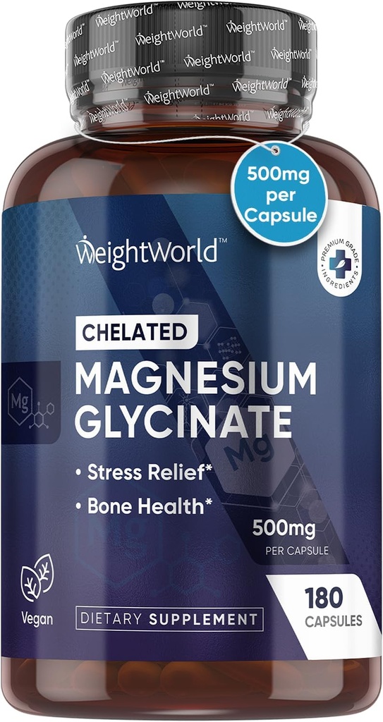WeightWorld Pure Magnesium Glycinate 500mg - 180 Capsules - 6 Months Supply - Chelated Magnesium Supplement for Stress Relief & Bone Health - Vegan & Lactose-Free Magnesium Bisglycinate Capsules