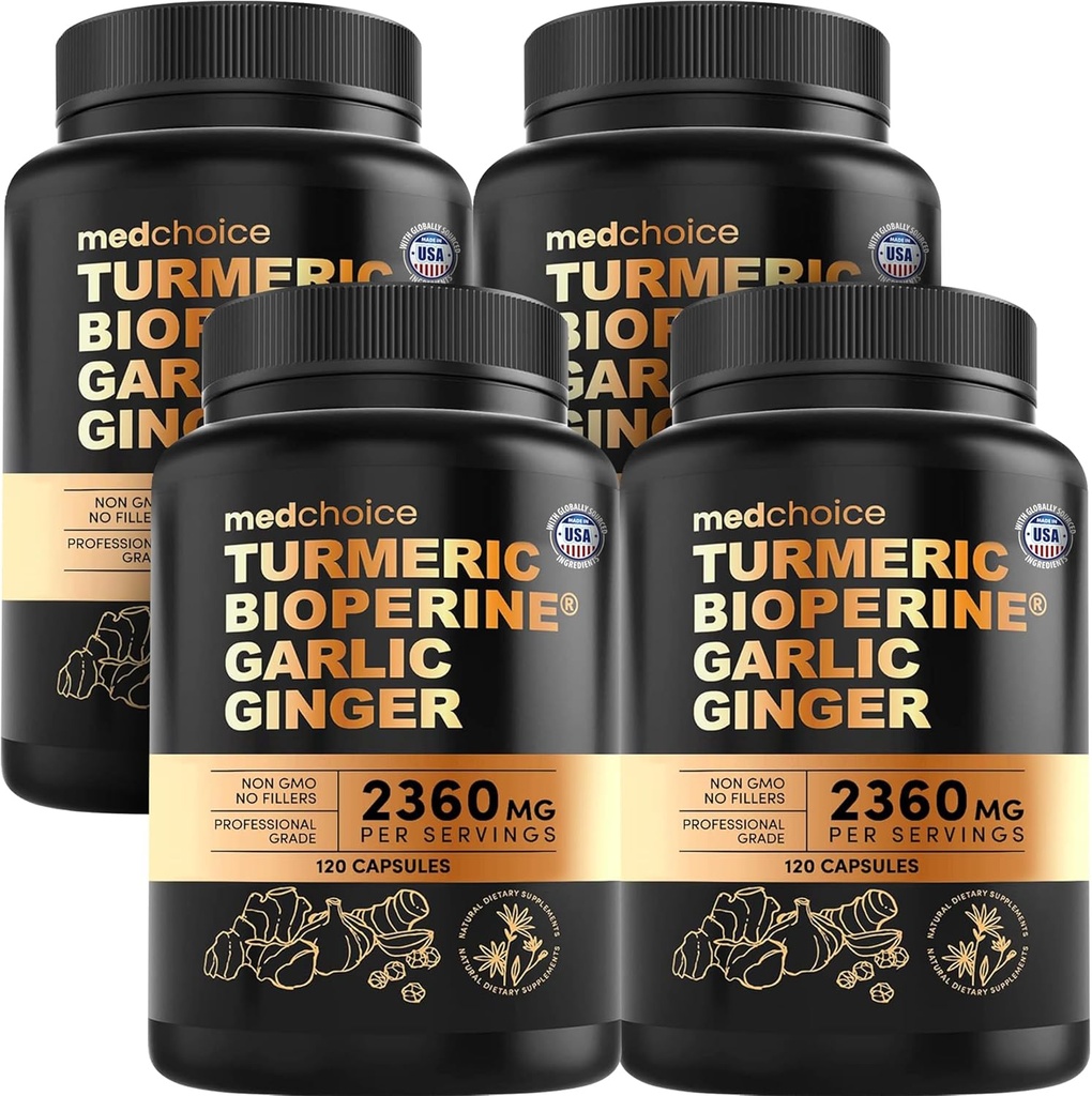 4-in-1 Turmeric and Garlic Supplements with BioPerine – 2360mg Turmeric Ginger Root Capsules with Garlic – High Potency Herbal Blend (120 ct, Pack of 4)