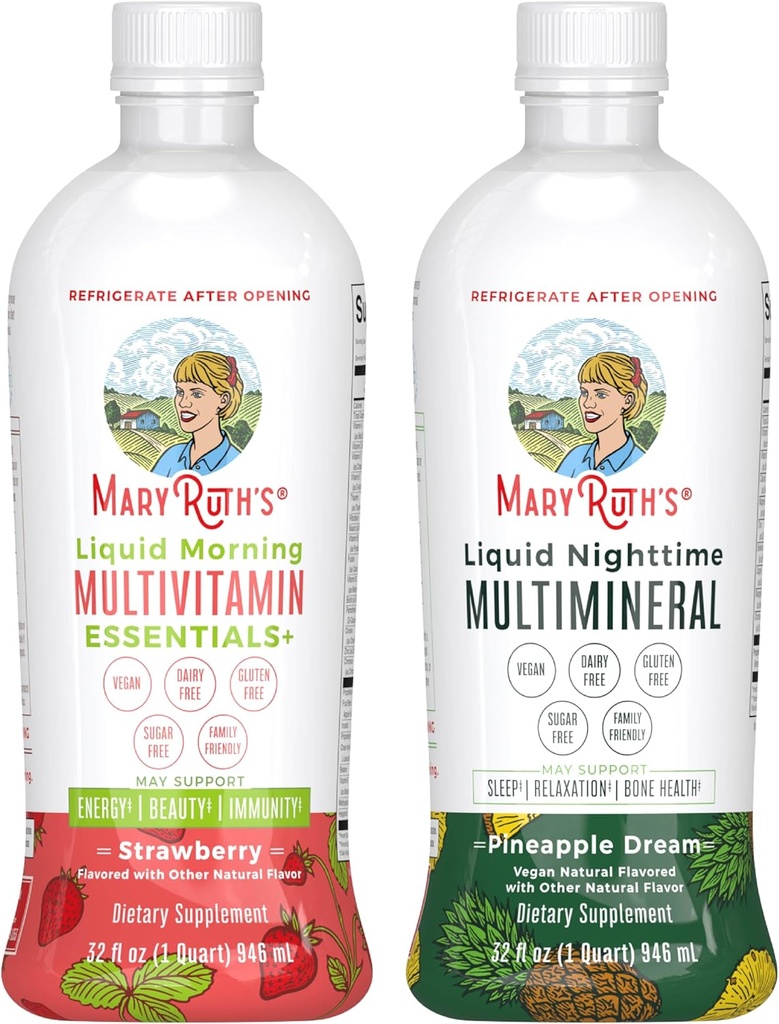 MaryRuth's Liquid Morning Multivitamin (Strawberry) & Liquid Nighttime Multimineral (Pineapple) | Clean Label Project Verified® | Vitamins & Magnesium for Energy, Bedtime, & Overall Health | Vegan