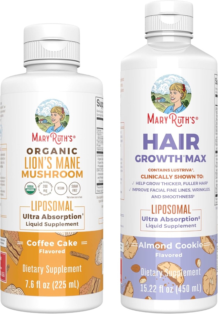 MaryRuth Organics Lion's Mane Liposomal (Coffee Cake) & Hair Growth MAX (Almond Cookie) | Clean Label Project Verified® | Vitamins for Cognitive Support, Beauty, and Overall Health | Vegan, Non-GMO