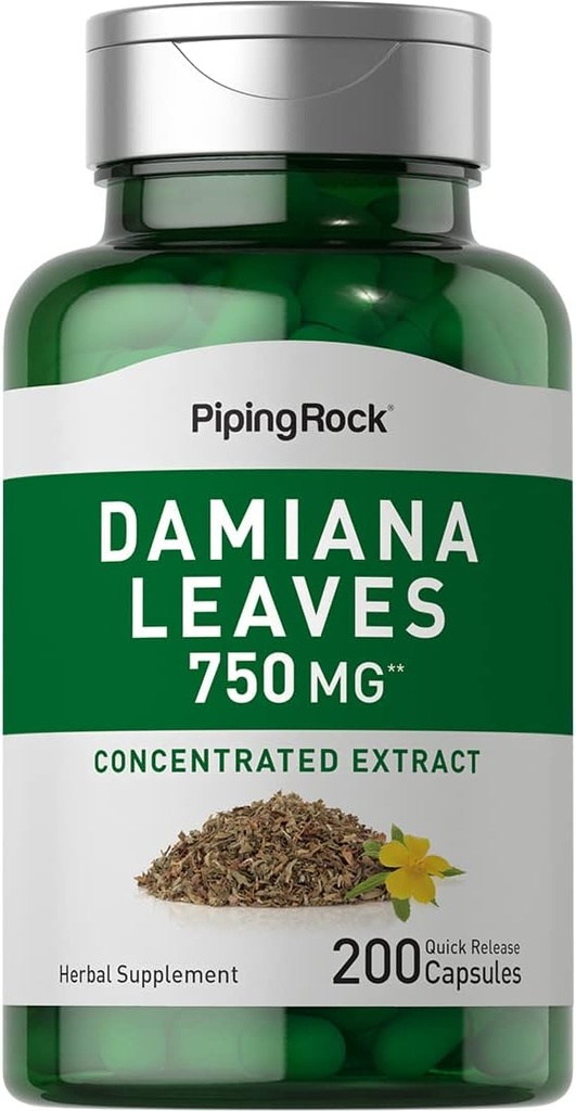 Piping Rock Damiana Leaf Capsules | 750 mg | 200 Count | Herb Extract Supplement | Non-GMO, Gluten Free