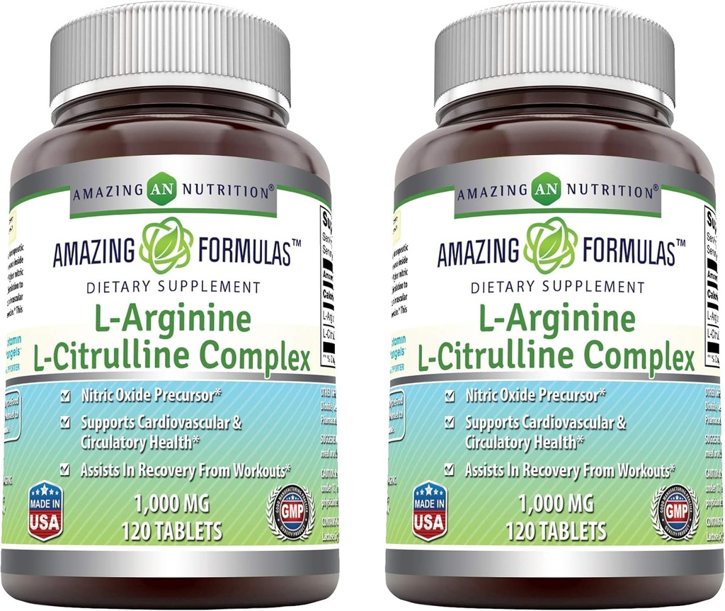 Amazing Formulas L-Arginine/L-Citrulline Complex 1000mg Tablets Supplement | Non-GMO | Gluten Free | Made in USA (120 Count | 2 Pack)