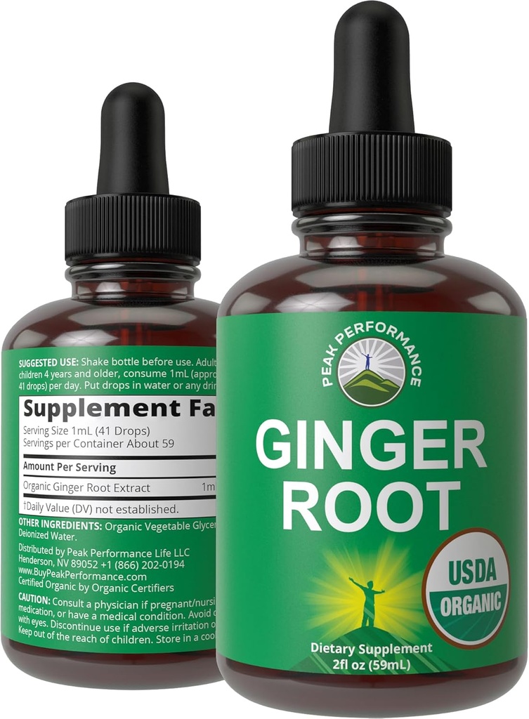 USDA Organic Ginger Root Extract Liquid Drops. Zero Sugar, Non Bitter Vegan Ginger Oil Supplement For Immune, Digestive + Gut Support. High Bioavailability, Gluten Free For Women and Men. Take Orally