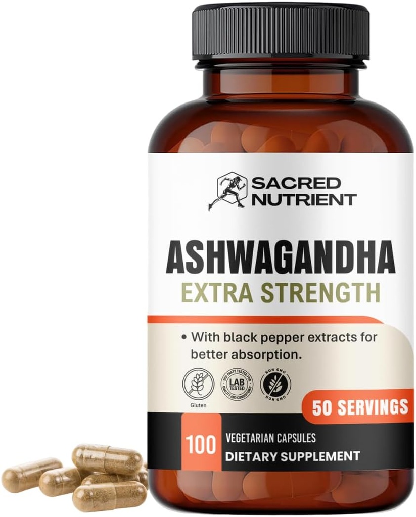Ashwagandha Organic Extra Strength Supplement with Black Pepper for Stress & Mood Support, Energy 300mg Extract (Equivalent 3000mg Herb), 100 Capsules