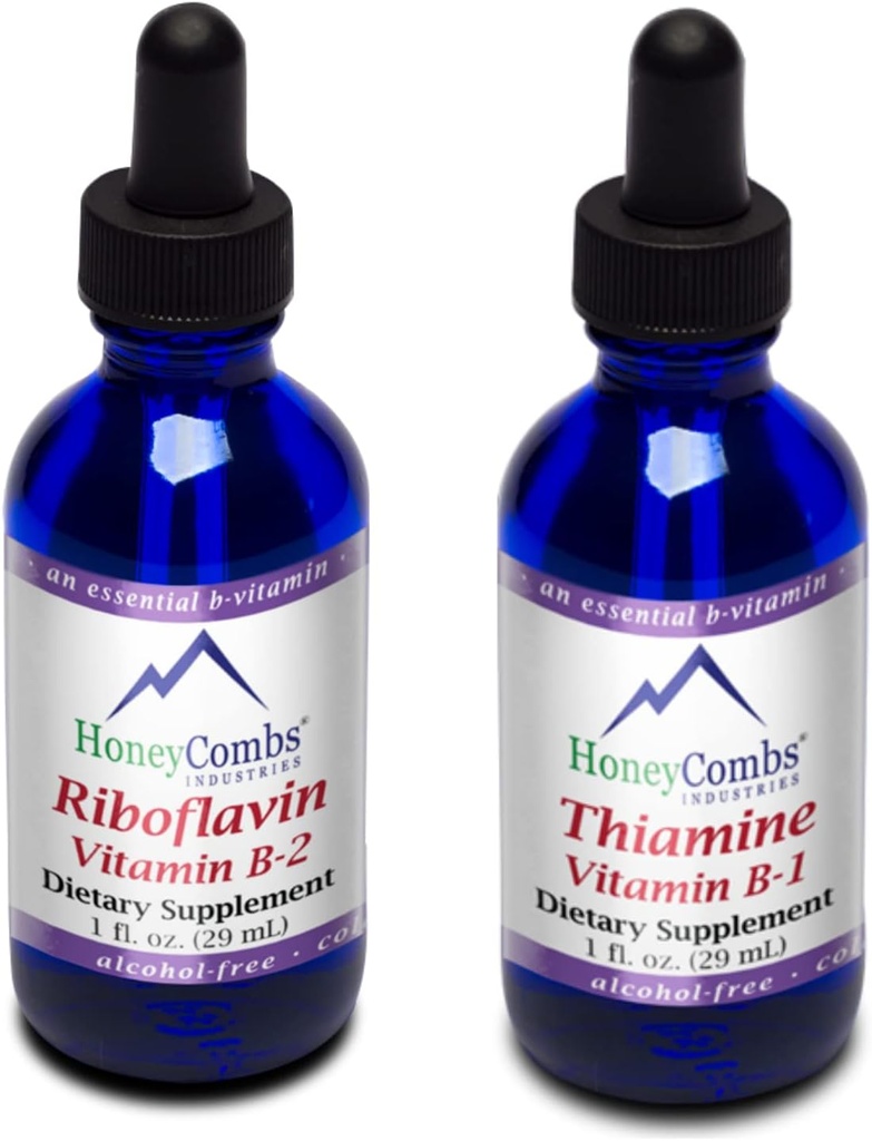 HoneyCombs Vitamin B2 (Riboflavin) Drops - 1 Fl Oz + Vitamin B1 (Thiamine) Drops- 1 Fl oz