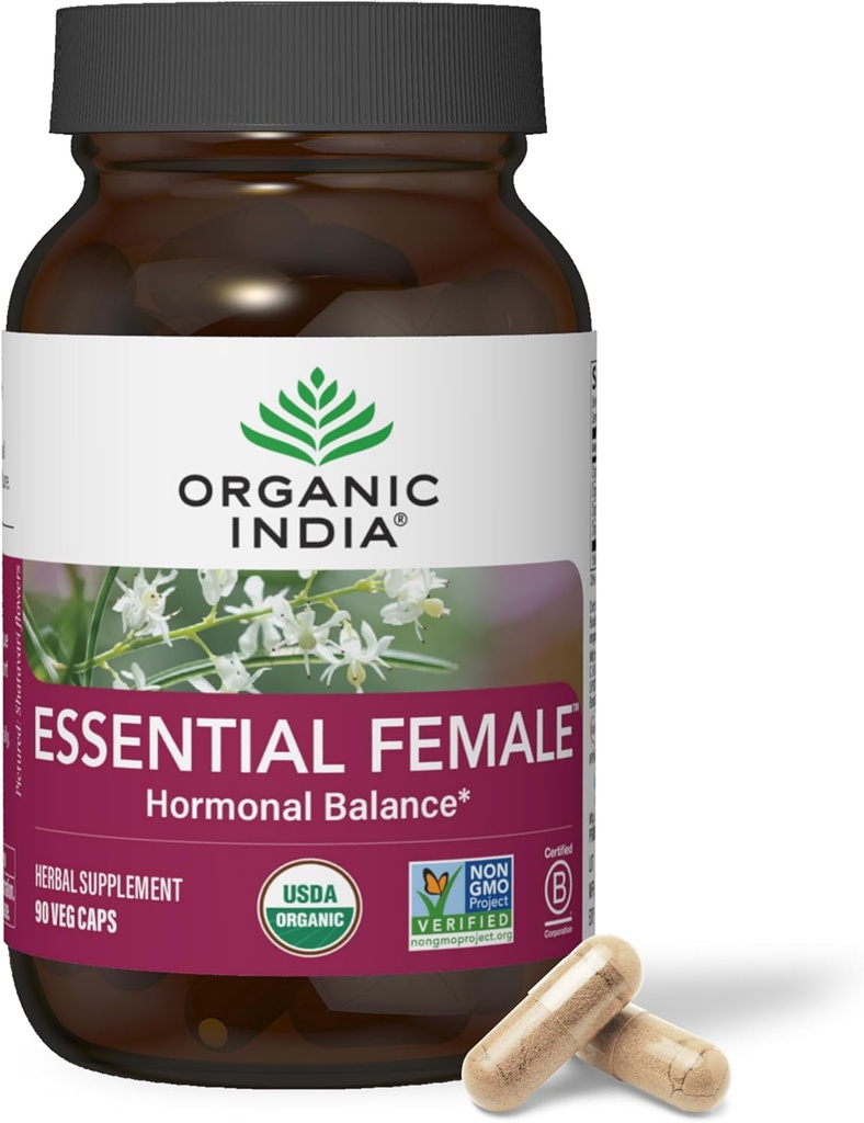 ORGANIC INDIA Essential Female Herbal Supplement - Hormonal Balance, Women's Formula, Reproductive Health, Adaptogen, Ayurvedic, USDA Certified Organic, Non-GMO - 90 Capsules
