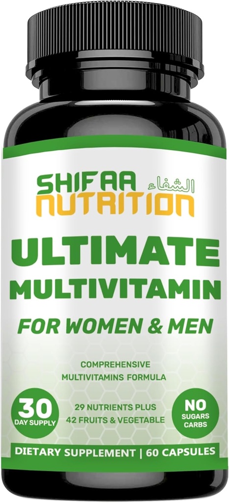 SHIFAA NUTRITION Halal Multivitamins for Women, Men & Adults, 30 Servings | Iron, Vitamin A, B6, B12, Biotin, Niacin, C, D3, E, Zinc, Calcium, Folic Acid, CoQ10 | Halal Vitamins