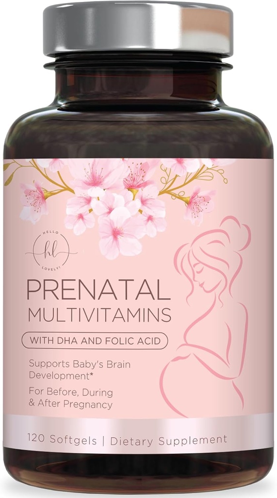 Prenatal Vitamins for Women with Folic Acid & DHA, Brain Development Support with Folate & Omega 3's, Multivitamin with Vitamin A, C, D, B6, B12 & Iron, Pregnancy Supplement - 120 Softgels