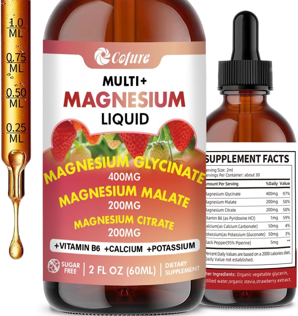 Triple Magnesium Complex 900 mg Liquid, Magnesium Glycinate, Citrate, Malate with Potassium, Calcium, Vitamin B6 for Adults - Vegan, Non-GMO, Gluten Free - 2 Fl Oz