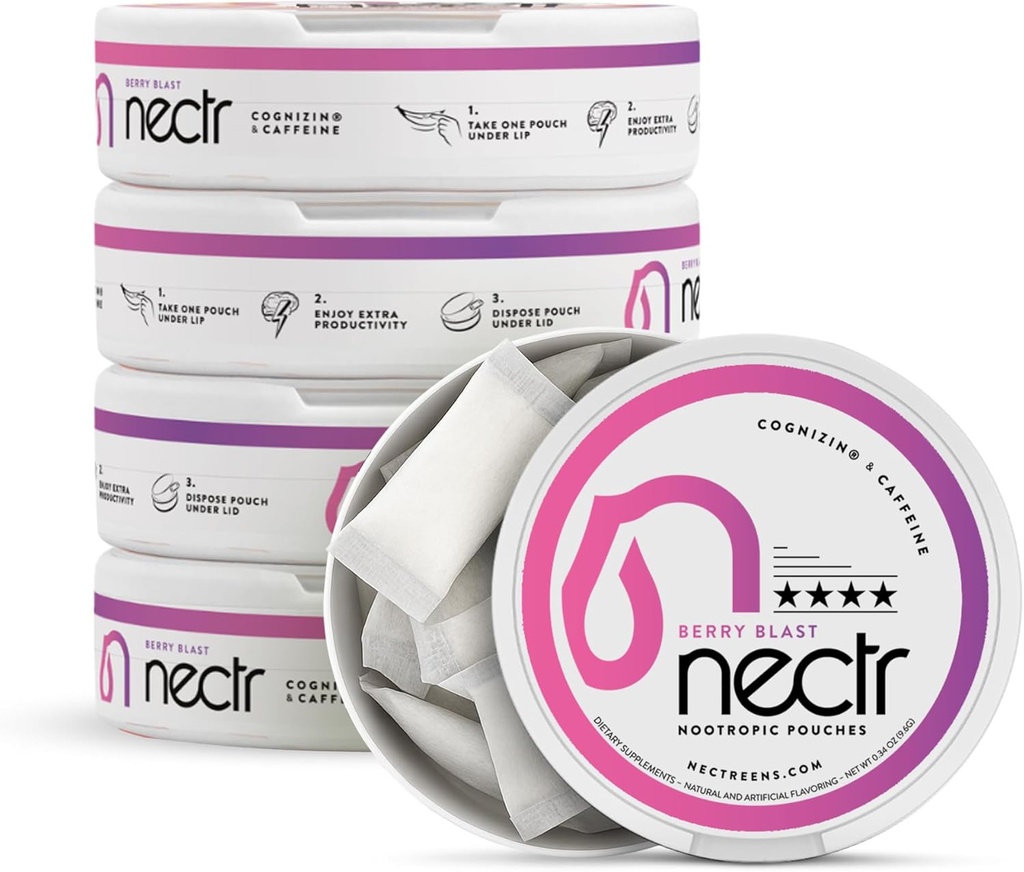 Nectr Energy Nootropic Pouches – Berry Blast Flavored, Caffeine Pouches with Cognizin® Citicoline. Sugar-Free Brain Treats. Smooth, Sustained Focus & Energy Supplement - 5 Pucks of 16pcs