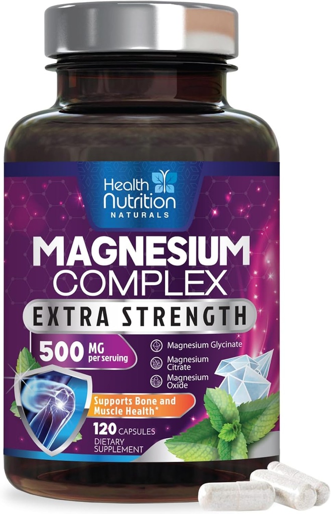 Magnesium Complex Capsules 500 mg with Oxide, Glycinate, Malate, Citrate - High Absorption Complex Chelated Magnesium Mineral Supplements - for Muscle, Bone and Heart Health Support - 120 Capsules